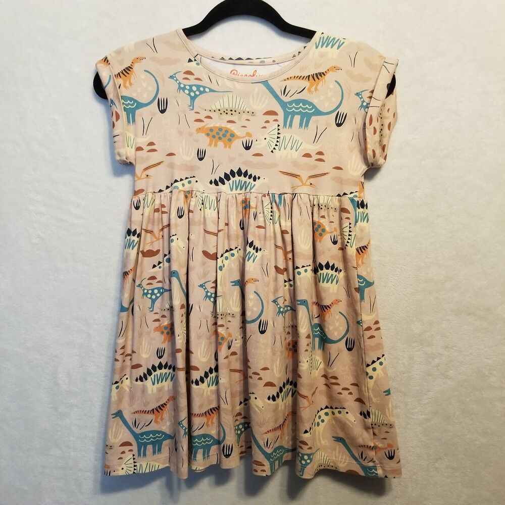 Piccolina Girls 10 Dress Cotton Dinosaur Print Pink Jersey Knit Babydoll Fun
